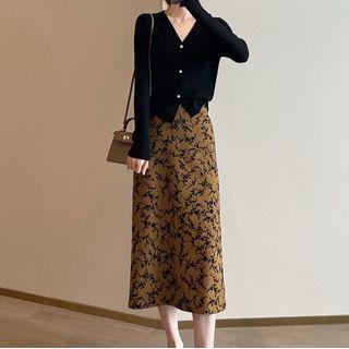 V-neck Plain Cardigan / Printed Midi Skirt / Set
