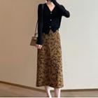 V-neck Plain Cardigan / Printed Midi Skirt / Set