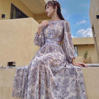 Long-sleeve Floral Cutout Maxi Dress