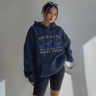 Brushed Bear-embroidered Hooded Pullover