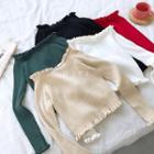 Plain Off-shoulder Slim-fit Long-sleeve Knit Top