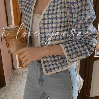 Faux-pearl Button Tweed Cropped Jacket Blue - One Size