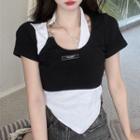 Short-sleeve Mock Two-piece Asymmetrical Color Block Cropped T-shirt