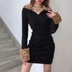 Long-sleeve Faux Fur Trim Knit Mini Dress