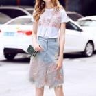 Set: Flower Applique Lace Trim Short Sleeve T-shirt + Lace Hem Denim Skirt