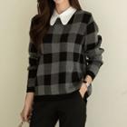 Contrast-collar Checked Sweater