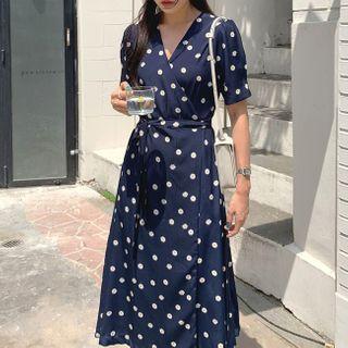 Short-sleeve Dotted A-line Midi Wrap Dress
