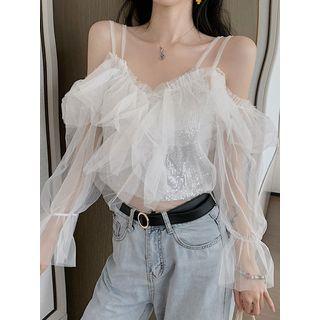 Set: Sequined Camisole Top + Off-shoulder Mesh Top