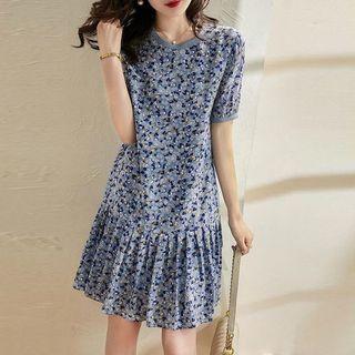 Short-sleeve Floral Print Pleated Smock Dress