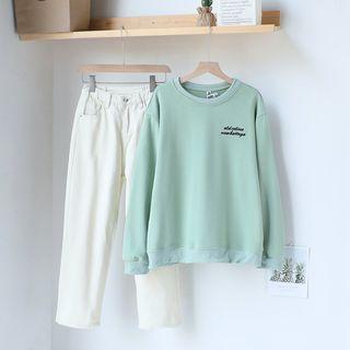 Letter Embroidered Pullover / Straight-cut Jeans