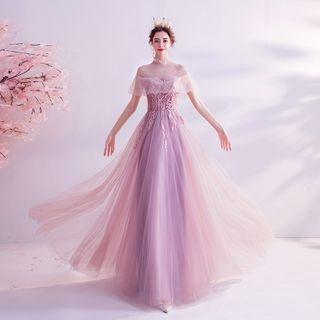 Beaded Embroidered Short-sleeve Sheath Evening Gown