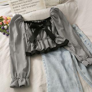Wide-neck Checker Ribbon Crop Top Black - One Size