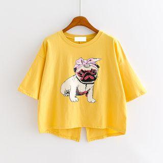 Short-sleeve Dog Print Slit-back Top