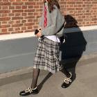 Knit Polo Shirt / Tie / Plaid Midi Skirt