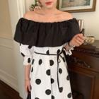 Puff-sleeve Off-shoulder Dotted Midi A-line Dress Black & White - One Size