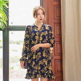 Open-placket Floral Print Dress With Sash
