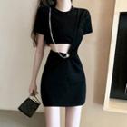 Short-sleeve Chained Cutout Mini Bodycon Dress Black - One Size