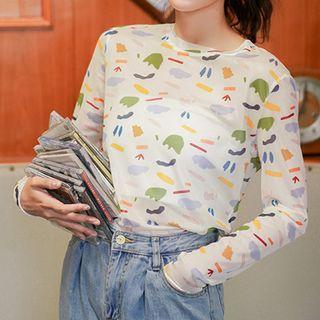 Long-sleeve Cartoon Print Mesh T-shirt