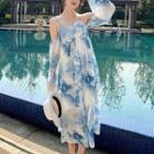 Long-sleeve Cold-shoulder Tie-dyed Midi A-line Dress