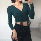 Plain V-neck Drawstring Long-sleeve T-shirt