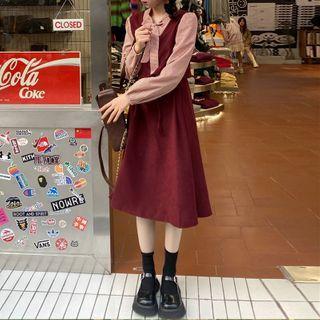 Plaid Panel Bow-accent Mock Two-piece Dress Red - One Size