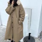 Detachable Furry Collar Padded Coat Khaki - One Size