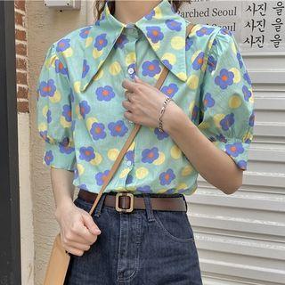 Puff-sleeve Flower Print Shirt