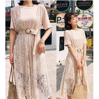 Set: Short-sleeve Mini Dress + Sleeveless Lace Midi Dress