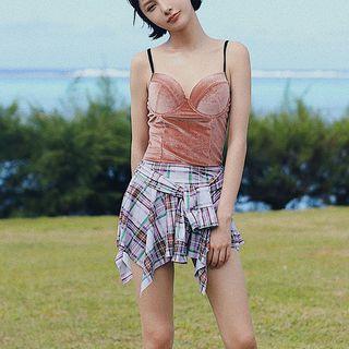 Set: Spaghetti Strap Swim Top + Plaid Skirt