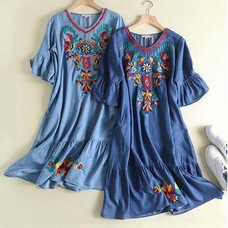 V-neck Floral Embroidered Denim Midi A-line Dress
