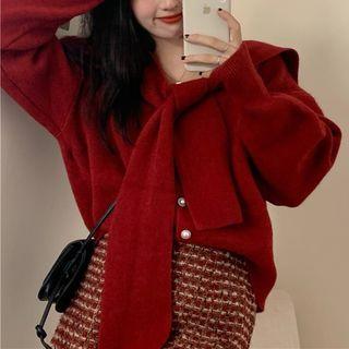 Plain Cardigan / Scarf / A-line Skirt / Set