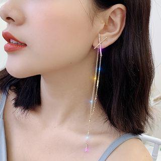 925 Sterling Silver Cross Fringed Earring 1 Pc - Gold - One Size