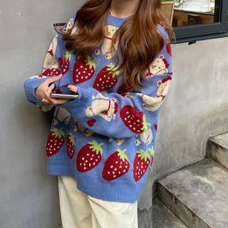 Strawberry Patterned Crewneck Sweater Gray Blue - One Size