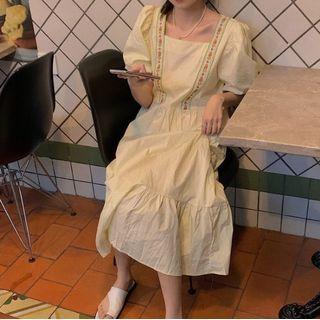Puff-sleeve Floral Print Trim Midi A-line Skirt