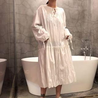Plain Frilled Drawstring Long-sleeve Chiffon Dress