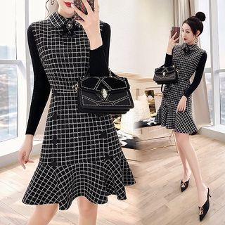 Set: Long-sleeve Top + Plaid Sleeveless A-line Dress