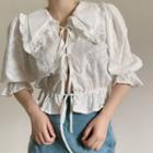 Short-sleeve Eyelet Lace Bow Blouse