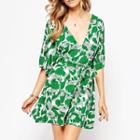 Floral Print Deep Plunge Elbow-sleeve A-line Dress