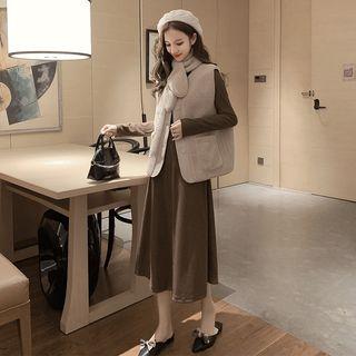 Faux Shearling Vest / Long-sleeve Midi Knit Dress
