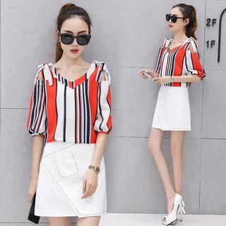 Set: Cutout-shoulder Striped Top + A-line Skirt