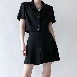 Set: Short-sleeve Crop Shirt + A-line Skirt