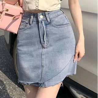 High-waist Distressed Asymmetric Denim A-line Skirt