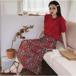 Short-sleeve Knit Top / Floral Midi Skirt