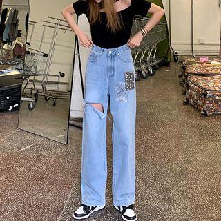 Applique Distressed Straight Leg Jeans