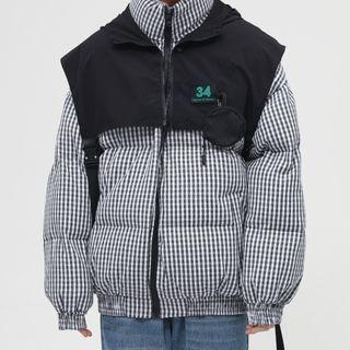 Long-sleeve Mock Two-piece Plaid Padded Jacket