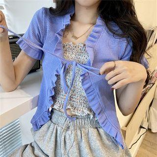 Ruffle Trim Short-sleeve Tie-front Knit Cropped Top