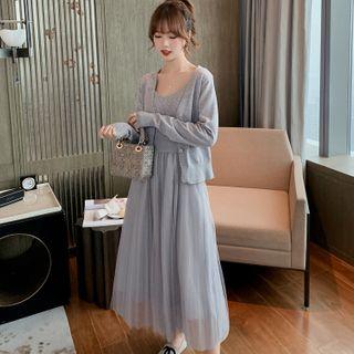 Set: V-neck Cardigan +wide Strap Midi Mesh Dress