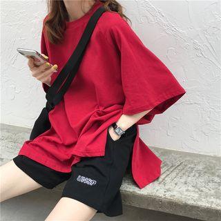 Slit-side Plain Loose-fit T-shirt