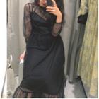 Set: Dotted Mesh Long-sleeve Midi Dress + Slipdress