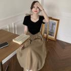 Mock Two-piece Short-sleeve A-line Dress Black & Coffee - One Size